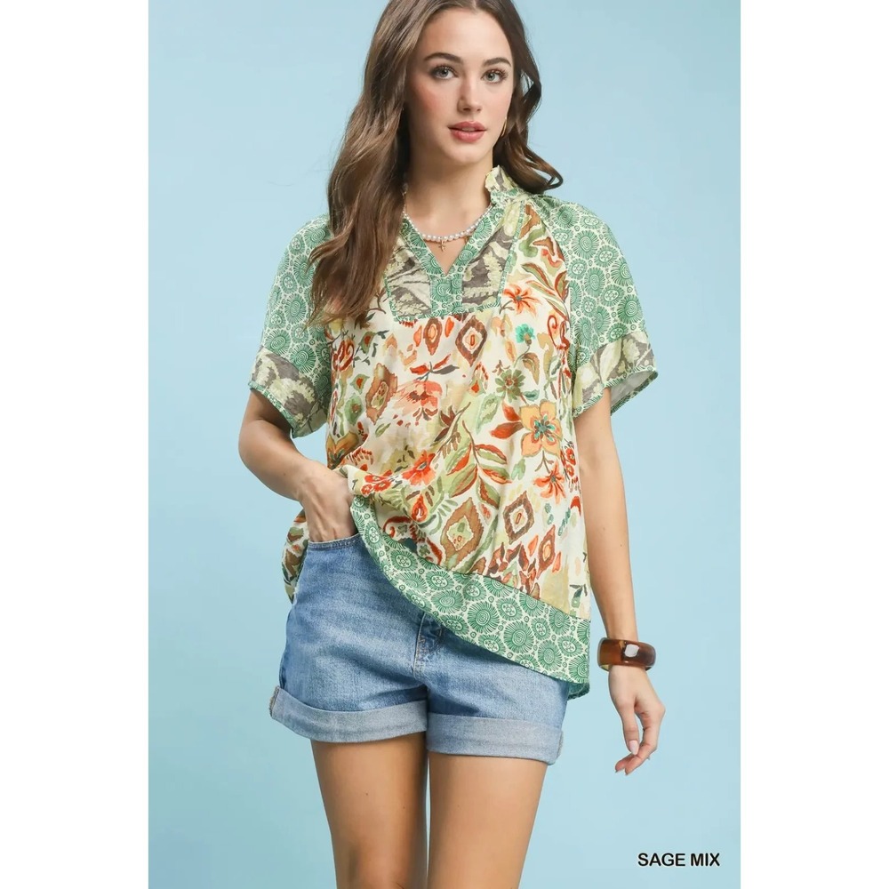 Umgee Mixed Print V-Neck Short Sleeve Top - Sage Mix - Small‎